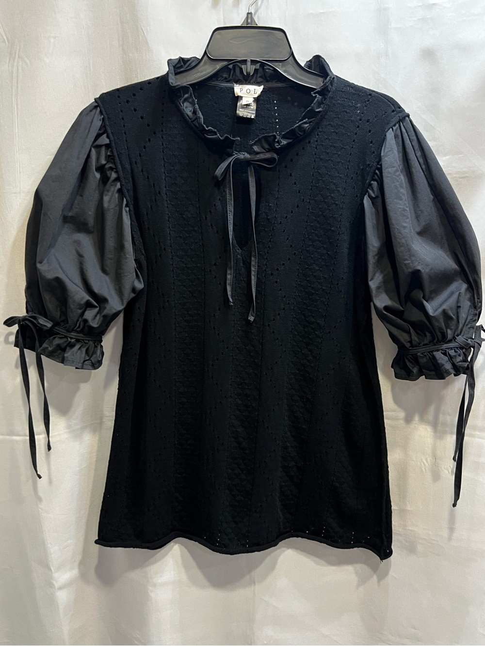 POL Black Eyelet Knit Top Ruffles Puff Sleeves Size Small